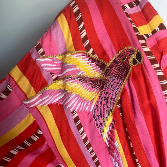 Farm Rio Lucy Parrot Stripe Tie Waist Embroidered Birds Cover Up Kimono Jacket - Picture 8 of 16